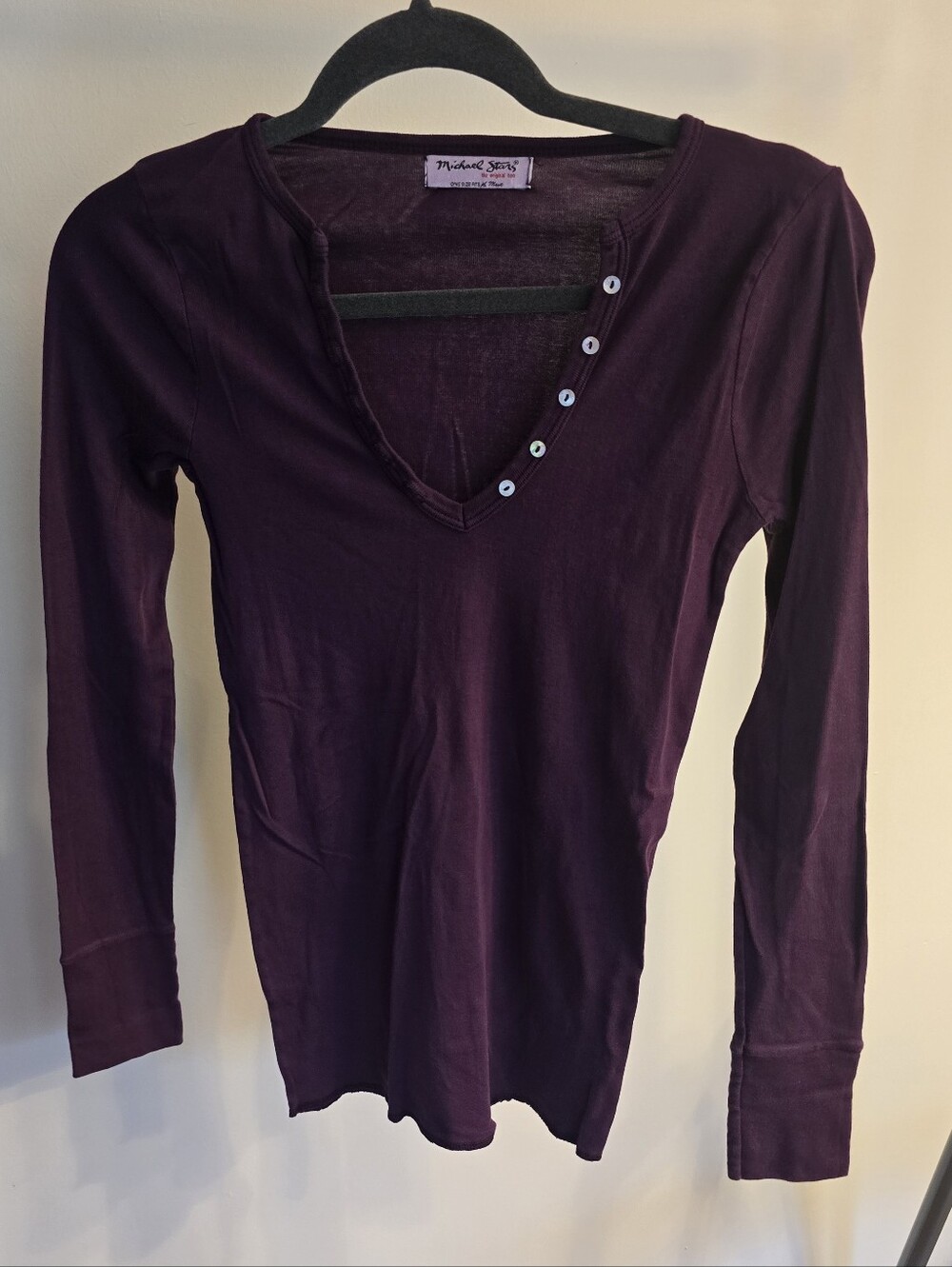 Michael Stars Purple V-Neck Button Long Sleeve Henley Top One Size